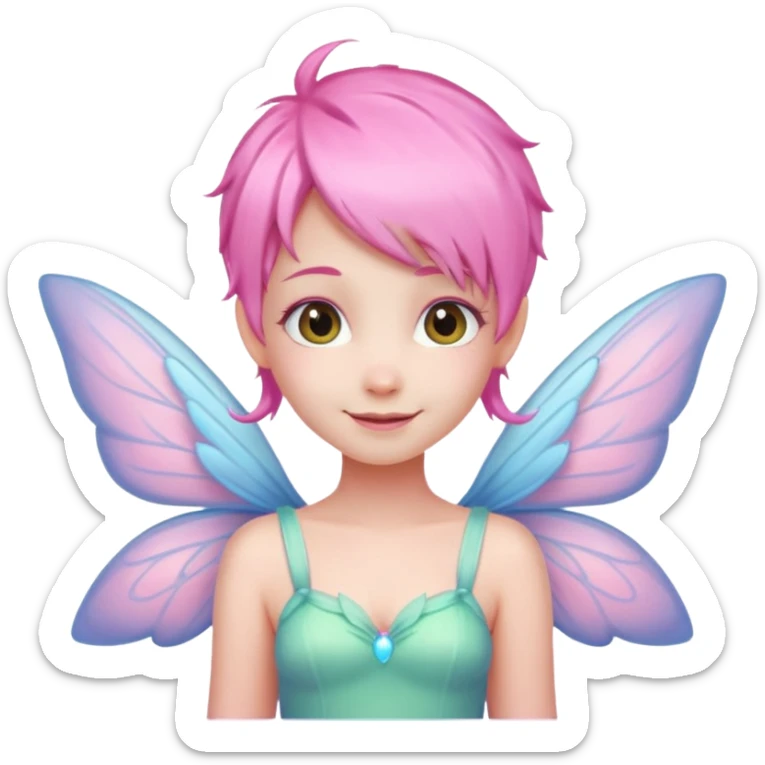 A tiny pastel fairy with pink hair with glowing wings and a sweet smile  sticker