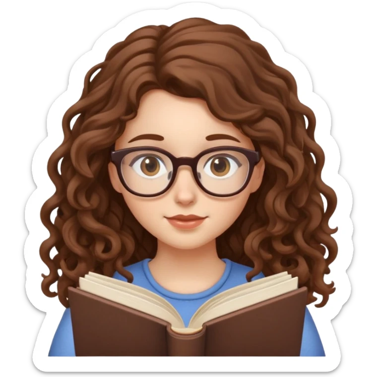 cute white girl with glasses and brown long curly hair reading book sticker