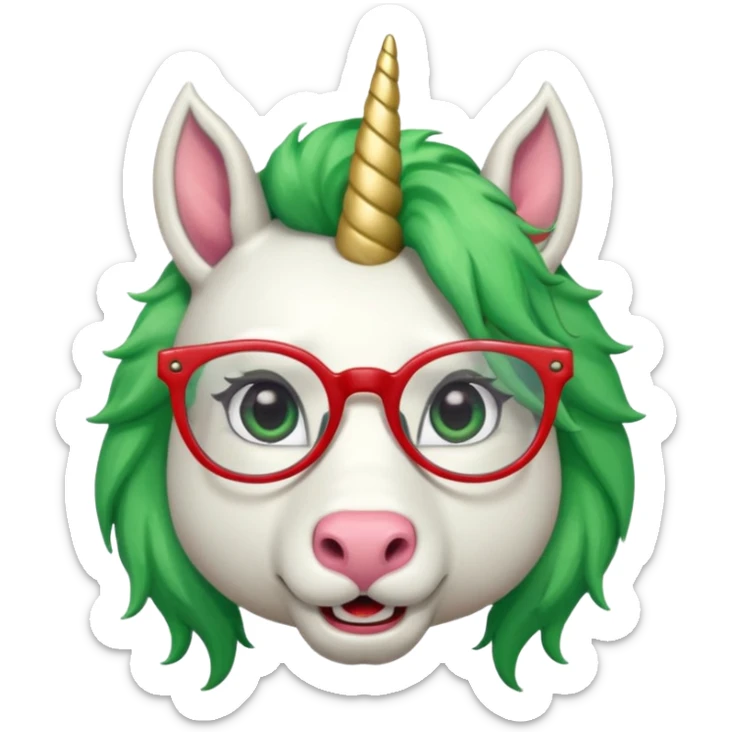white furred unicorn with green hair and big red earrings looking into camera and spectacle and biiiggg earrings sticker
