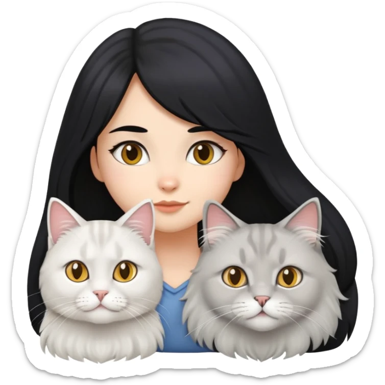 black hair girl with a grey longhair cat and a british white longhair and a british longhair golden cat sticker
