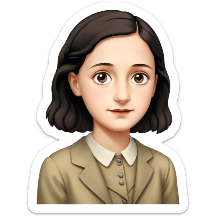 Anne Frank – Cinematic Realistic Portrait of Anne Frank, depicted with a reflective, gentle expression in period clothing, her eyes conveying hope and resilience, rendered with soft, natural lighting and delicate textures that capture the poignancy of her legacy. sticker