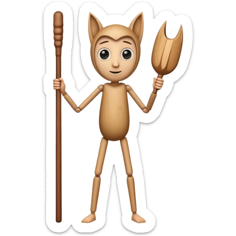 a tall, cylindrical, wooden-like figure with a human-like face, large eyes, and a slight smile. It has small, thin arms and human legs. It appears to be holding a long, wooden stick or bat.
 sticker