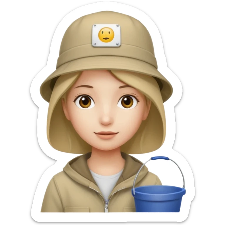 A girl with a khaki bucket hat on her head and a small detail in the form of a white rectangle with the inscription: "вйо до пригод" sticker