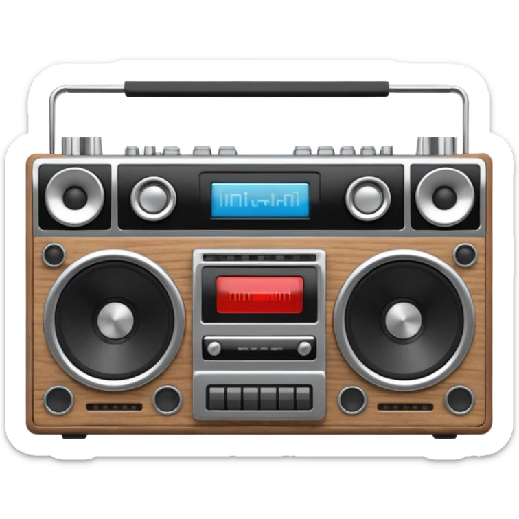 3D render of Boombox, vintage 1980s audio equipment aesthetic, tactile analog buttons, silver chrome body with black speakers, mixed wood grain and brushed aluminum textures, Apple emoji style, isolated on white background --v 6.0 sticker