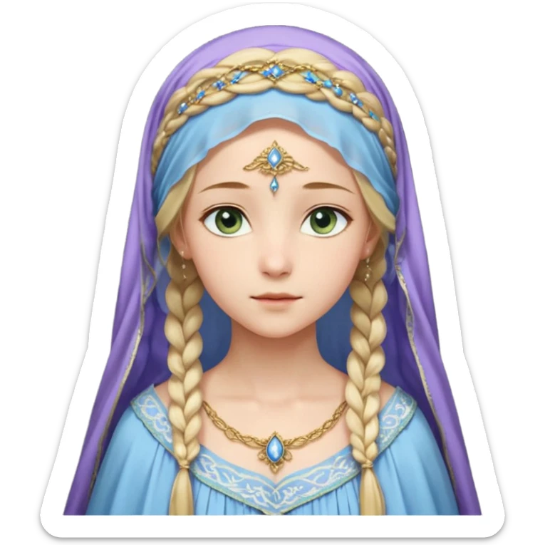 Joven de unos 30 años, de aspecto dulce y elegante.
Piel clara, ojos (pueden ser azules o verdes)
Rubio o castaño claro, largo, con trenzas o velo.
Vestido largo de tonos suaves (blanco, azul o lavanda), con bordados dorados; un manto o toca fina cubriendo la cabeza. Haz todo el cuerpo. sticker