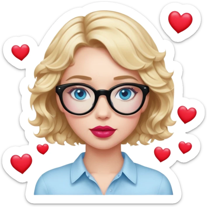 Blonde woman with short wavy hair, blue eyes and pink lips wearing black glasses, in love with read hearts floating above her sticker