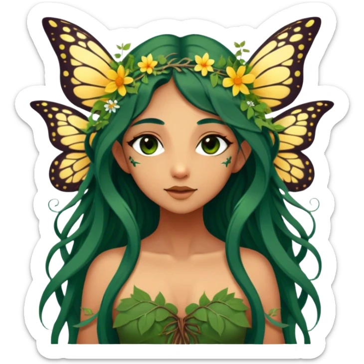 Cinematic Realistic Forest Nymph Fairy Portrait, depicted with lifelike, sun-kissed tanned skin that radiates an earthy glow, softly illuminated by natural, dappled light. Her long, flowing dark green hair is intricately detailed and interwoven with delicate vines and wildflowers, while her deep, soulful eyes mirror the wisdom of the forest. Dressed in an attire inspired by nature’s palette—with subtle botanical motifs—the portrait exudes a soft, enchanted glow that melds realism with woodland magic showing her large butterfly wings. sticker