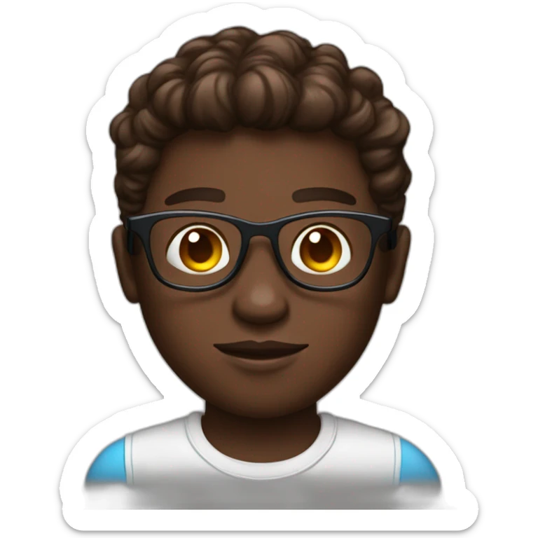 a chocolate skin boy with blue eyes, crypto shirt, glasses and a crown of bitcoin sticker