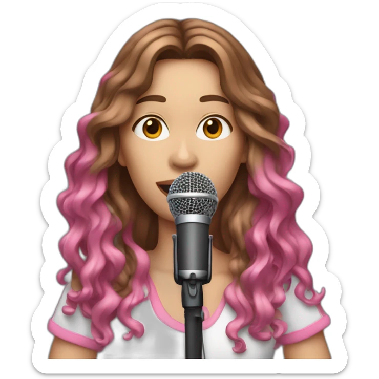 Caucasian woman with long brown hair and pink highlights, with a microphone singing sticker