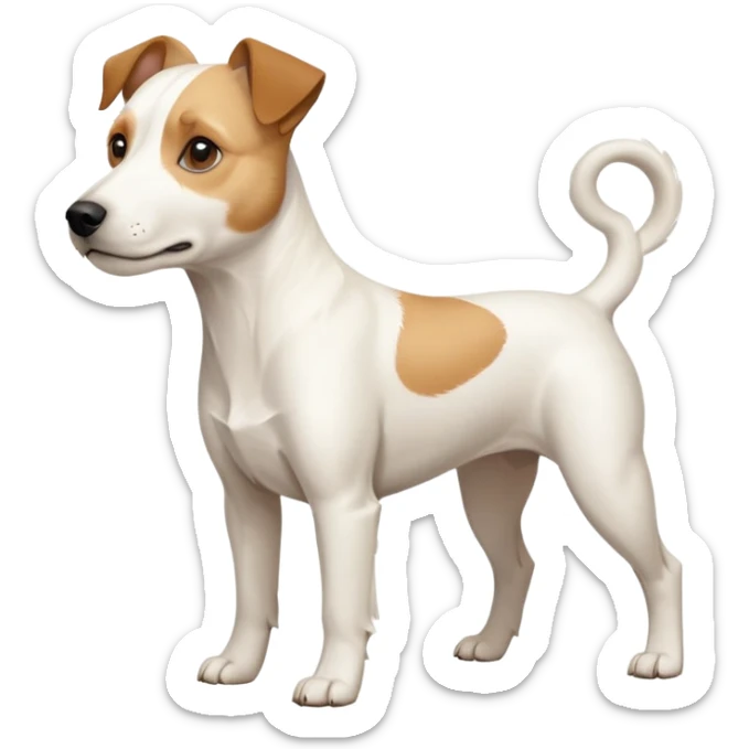 a full body buff white parson russell terrier looking dog the size of a kelpie with light brown long ears and a light brown patch on one eye and a large snout. the rest of the dog is completely white. forward facing sticker