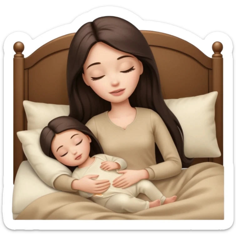 White Barbie girl dark brown long straight hair in beige clothes sleeping with white baby at cream bed sticker