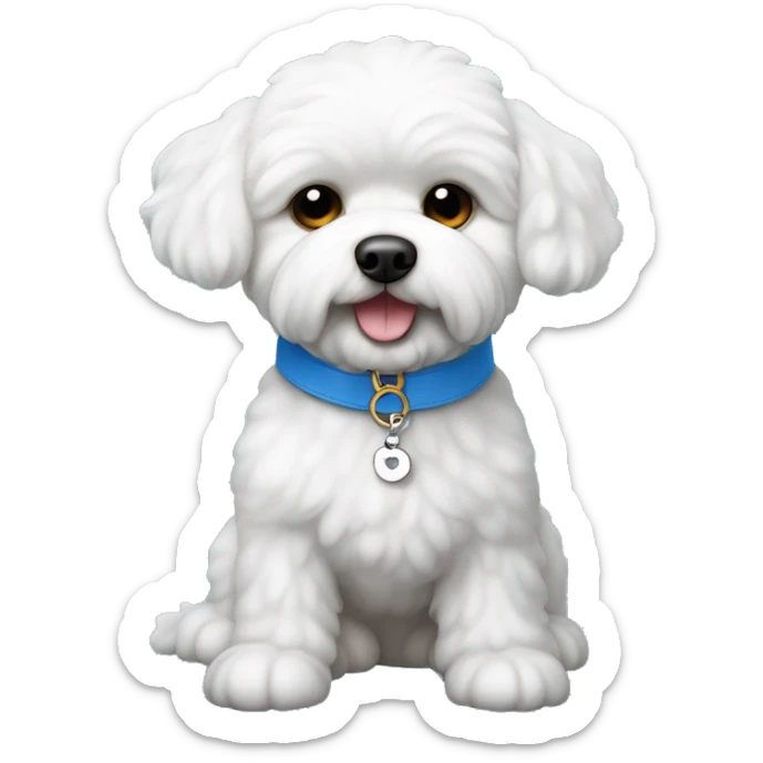Perro bichon maltes con collar azul, con plaquita en forma de hueso, que dice Firto sticker