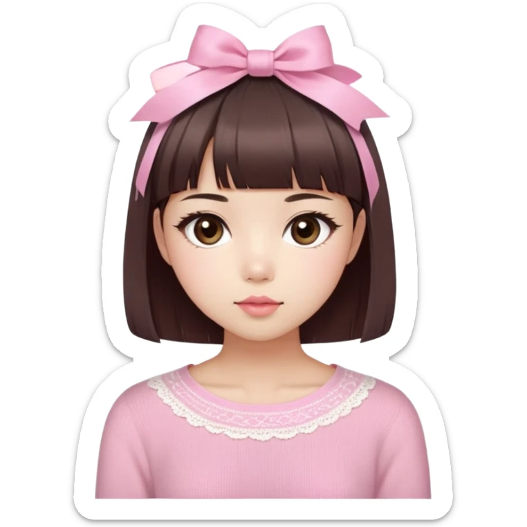 Cute East Asian girl, soft fair skin with blush on cheeks, big brown eyes with long lashes, natural pink lips, inward brown bob with straight bangs. Wearing a stylish pink knit top with ribbon details and subtle lace trim, holding a  Abyssinian sticker