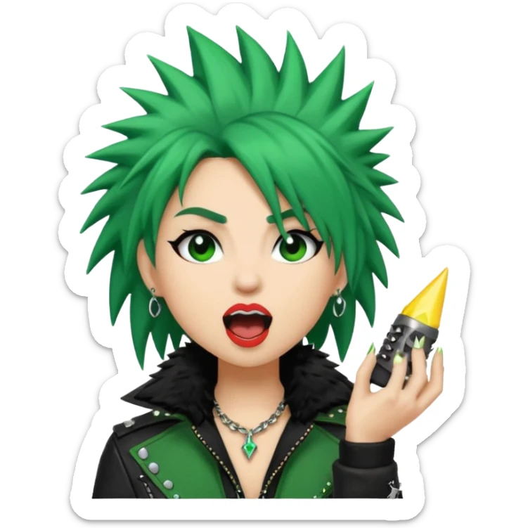 Roxanne Wolf emoji, howling, spiky green hair, rockstar vibe sticker