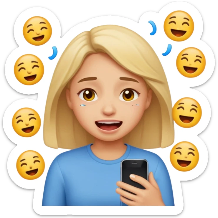 Girl crying laughing at a funny video on her phone. More emoji style. Less realistic sticker