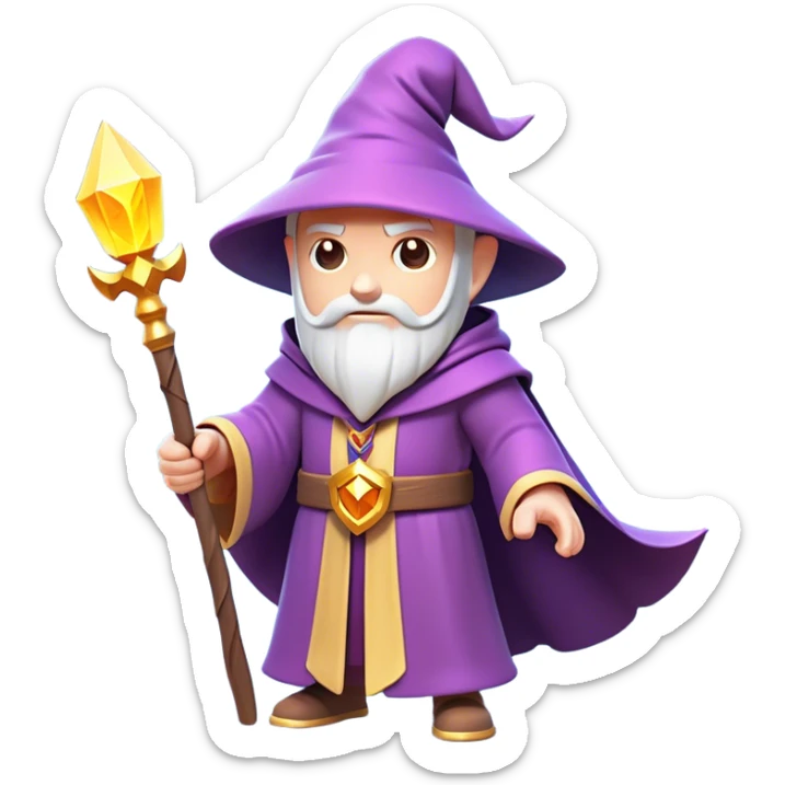 Clash of Clans aesthetic: Cinematic Playful Wizard Hero Emoji, rendered in a 3D vector-style similar to standard emojis with minimal shading and bold, simplified shapes. A compact, isometric figure draped in flowing enchanted robes and wielding a mystical staff, softly glowing with an arcane magical charm. Simplified yet unmistakably iconic, highly detailed and consistent, glowing with a soft radiant glow and high shine. Stylized with a touch of whimsical sorcery and a soft glowing outline, capturing the essence of a powerful wizard ready to cast spells with a friendly, playful spirit! sticker
