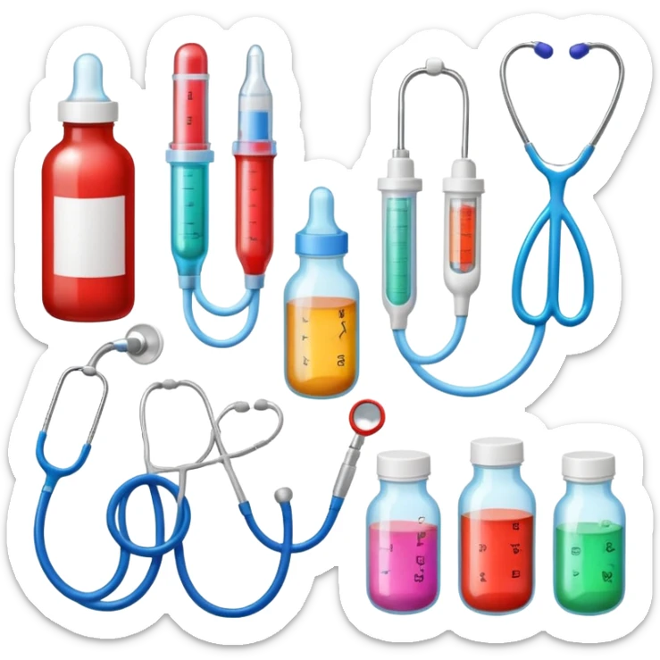 stethescope, heel lancet, medication, baby blood tubes, monitoring cables, baby bottle, cute scrapbooking paper,  sticker
