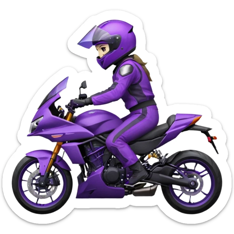 Créer un emoji avec une moto mt07 sport noir mate / violet iridescent très foncé. Avec une pilote dessus visière violet sombre faceless, bulle de la moto violet. Avec fond arrière violet, tenue complète casque inclus violet  sticker