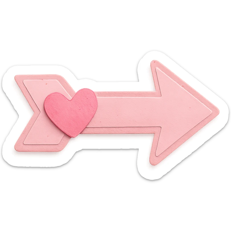 soft pastel kawaii arrow sticker in soft baby pink, paper craft style, with a heart accent sticker