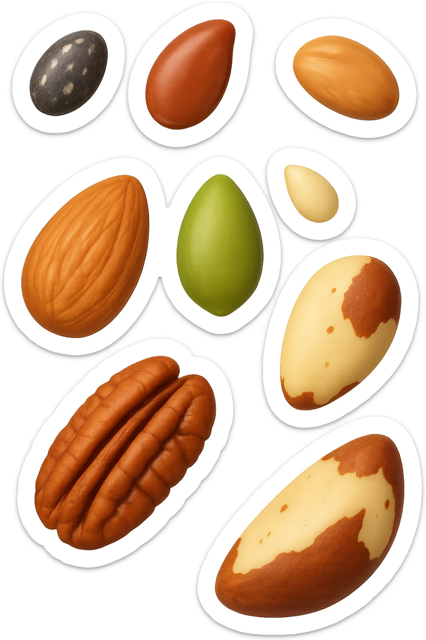 emoji stile iphone 3d di questi elementi che fluttuano in aria:

Semi di chia, lino, zucca, sesamo
Mandorle, noci pecan, noci brasiliane (porzioni limitate)

 che fluttuano sparse casualmente in aria, iperealistico 4k sticker
