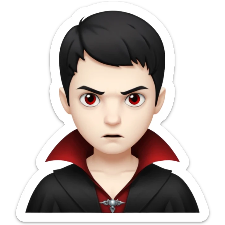 Vampire boy with the short black hair, pale scin, black eyes, little fangs and dark circles under his eyes. He has serious face sticker