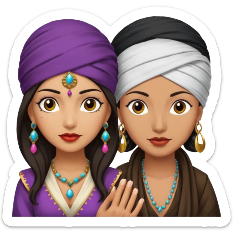 2 women one is an Asian Gypsy fortune teller with a turban and one is a Pirate with dark hair Latina sticker