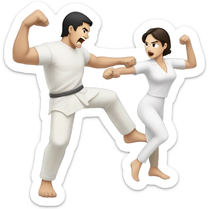 A pale half Asian man with short dark hair fighting a white woman with long wavy brunette hair sticker