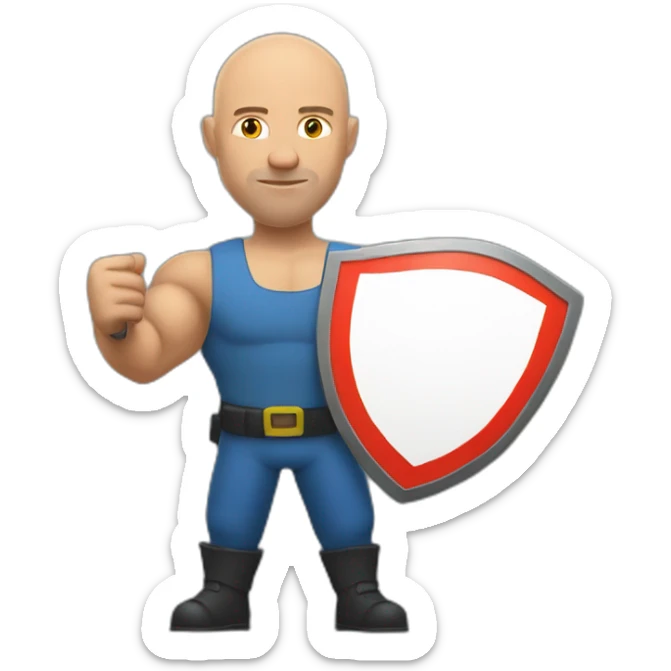 Bald muscular Man with a big round traffic sign in his hand which he uses as a shield sticker
