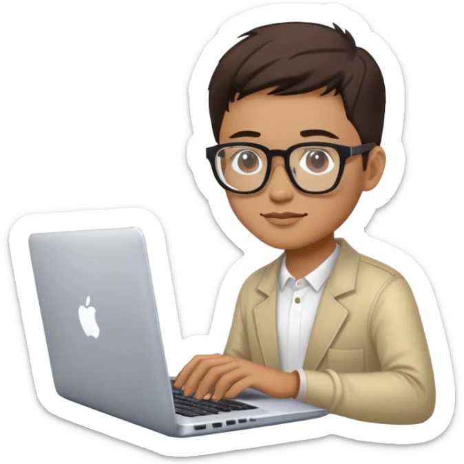 lập trình viên người Việt Nam, đeo kính, ngồi làm việc với chiếc laptop sticker