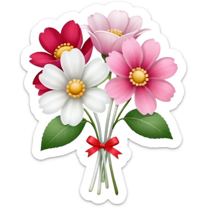 One pink flower and one white flower in transparent bouquet with red band  sticker