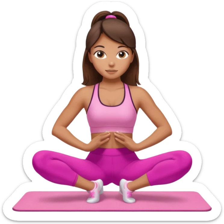 A tanned girl with brunette hair in her 20’s doing Pilates wearing a ALO pink workout set  sticker