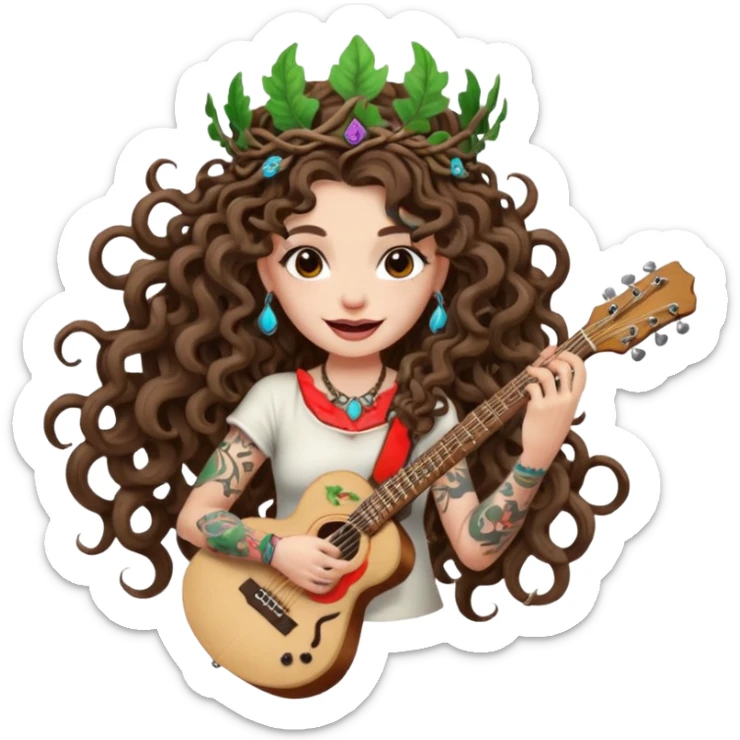 woman with long curly brown hair, brown eyes, white skin, tattoos, wearing a mushroom crown and tuning a neon vine guitar, mischievous rock grin sticker