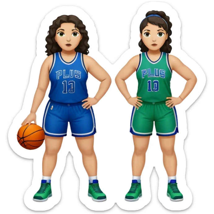 full body plus size light skin latino women basketball player with wavy dark hair large wide nose wearing blue with green uniform sticker