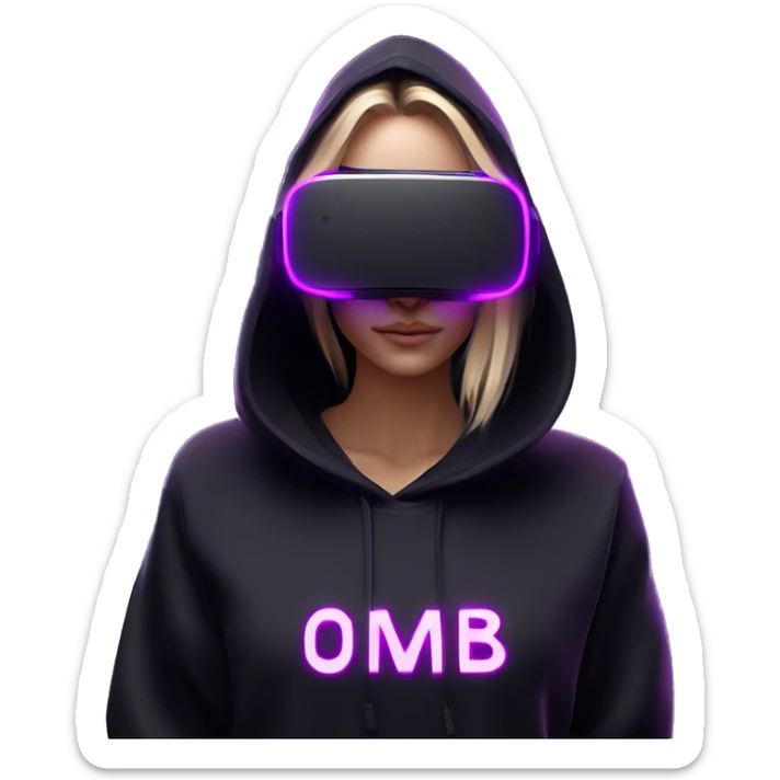 Russian girl wearing black hoody with violet letters "OMG", in vr headset oculus quest2. Standing like jedi. Cyberpunk style. Violet neon. sticker