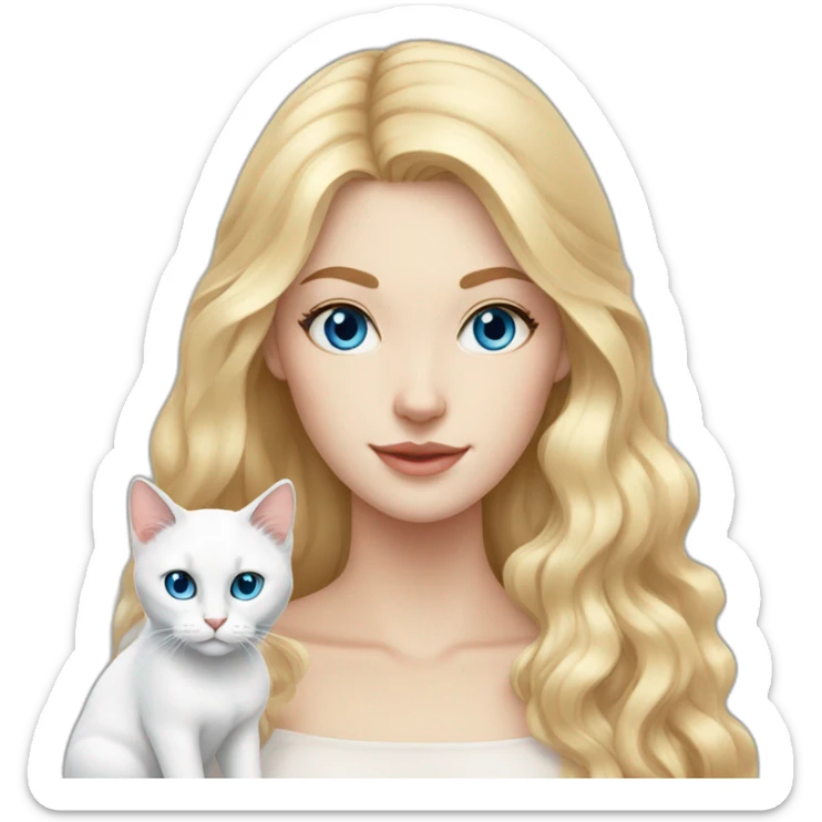 White woman with long blonde hair, blue eyes, white cat with heterochromia sticker
