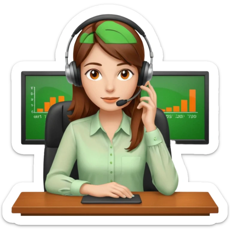 a woman, brown hair, middle european, sitting in the office, wearing a blouse and a headset. she is controling the limits on screen. green = ok, orange = am Limit, rot = überschritten sticker