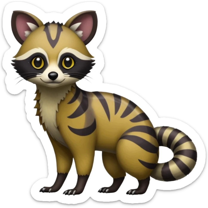 Rare warm-colored exotic edgy epic aesthetic gloomy spooky dark modern colorful cyber-Genet-Trico-Tanuki-Civet-species-Fakemon-hybrid-creature, with beautiful intricate markings, full body sticker