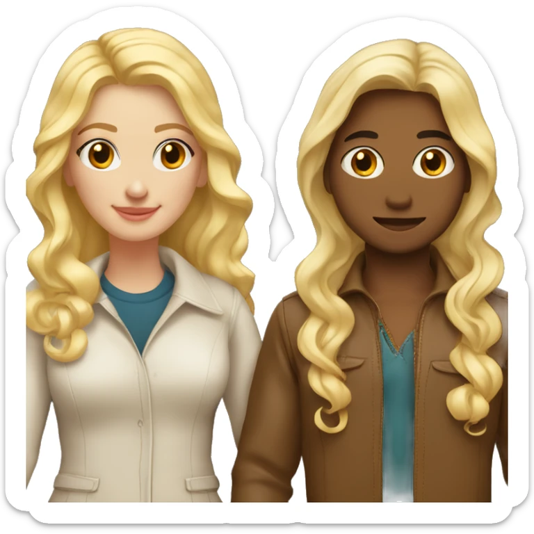 Cute blonde couple and the woman has brown eyes with long wavy hair, and long eyelashes wearing trendy outfit holding hands sticker