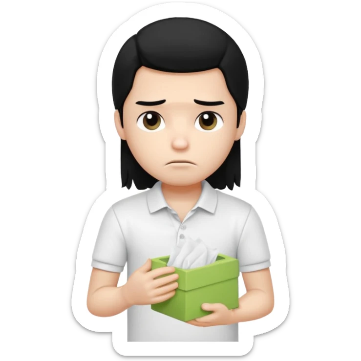 generate a pretty bratz boy with long black hair, wearing a white polo shirt. Looking sad, holding a box of tissues sticker