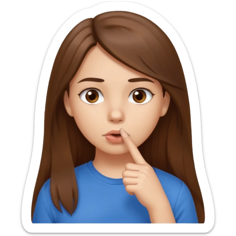 Emoji Fille cheveux long et brun yeux brun avec un doigt dans la bouche que la mains sois plancher vers en bas et que elle regarde comme si elle est coquine  sticker