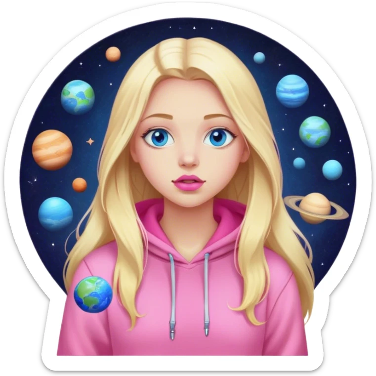 A cinematic realistic blonde with long hair, blue eyes and pink lips wearing a pink hoodie stands and watches the planets rotate sticker