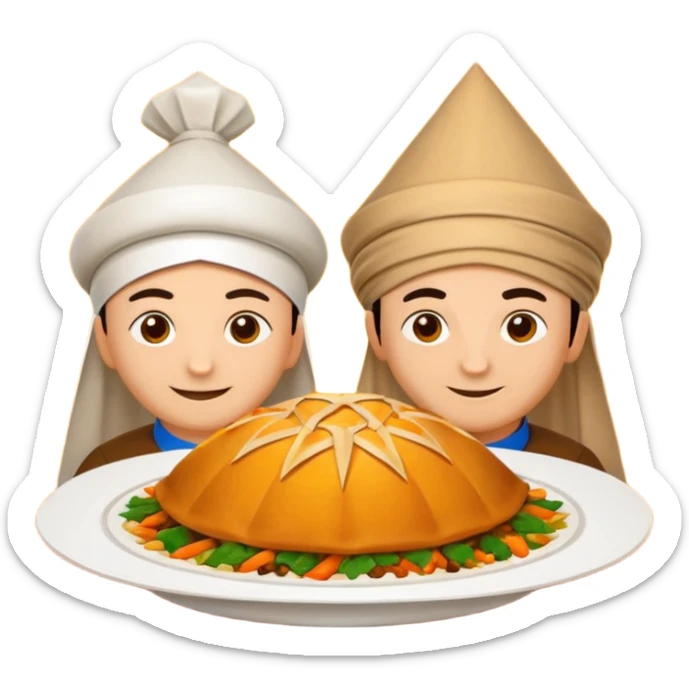 Uzbek cuisine avatar in bright emoji-style illustration. Classic dishes like plov and samsa, warm golden and earthy tones, simple shapes, flat design, high contrast, friendly and appetizing. sticker