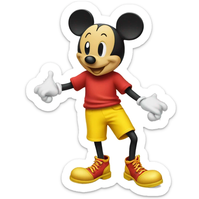 Mickey Mouse wearing red shorts and big yellow shoes, smiling happily. sticker