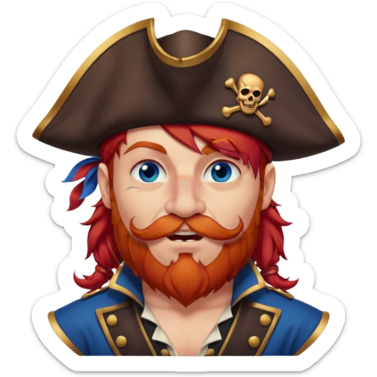 french pirate with hair that fades from brown to red , blue eyes, strong nose and a chin dimple winking and licking his mouth seductively sticker
