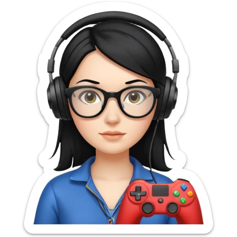 
gamer, woman shiny black hair no eyebrows with glasses, headphone, gamepad sticker