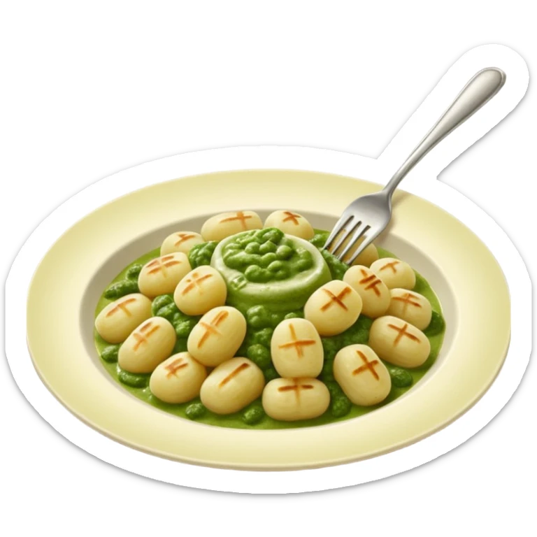 Gnocchi Cinematic Realistic Gnocchi Dish Emoji, depicted as tender oblong potato gnocchi garnished with iconic fork marks on top, rendered with soft textures and warm, inviting lighting. add green pesto sauce sticker