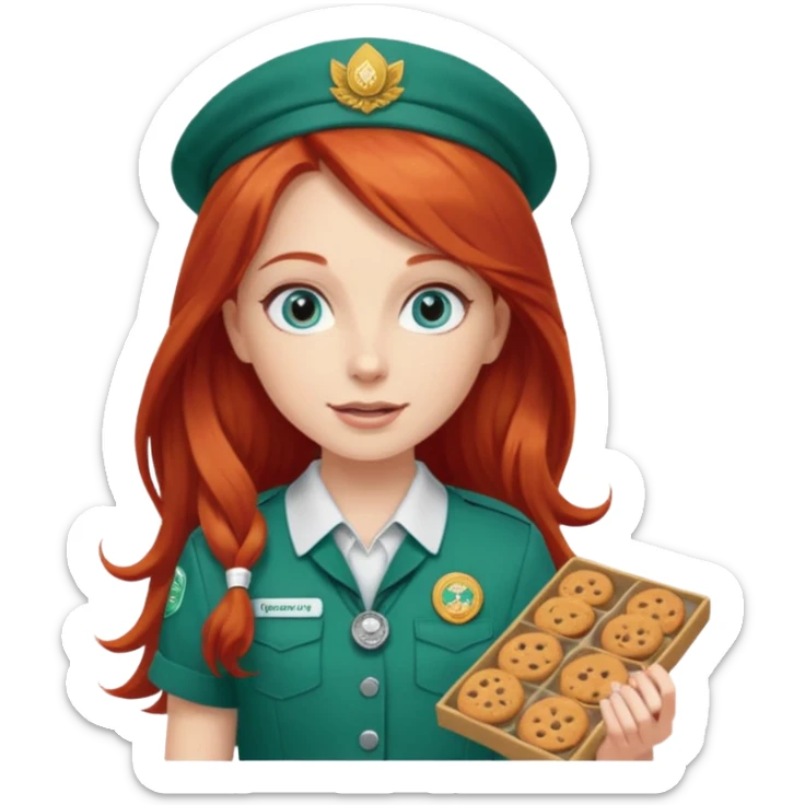 white girl scout with red long hair selling cookie at Wendy’s big sticker