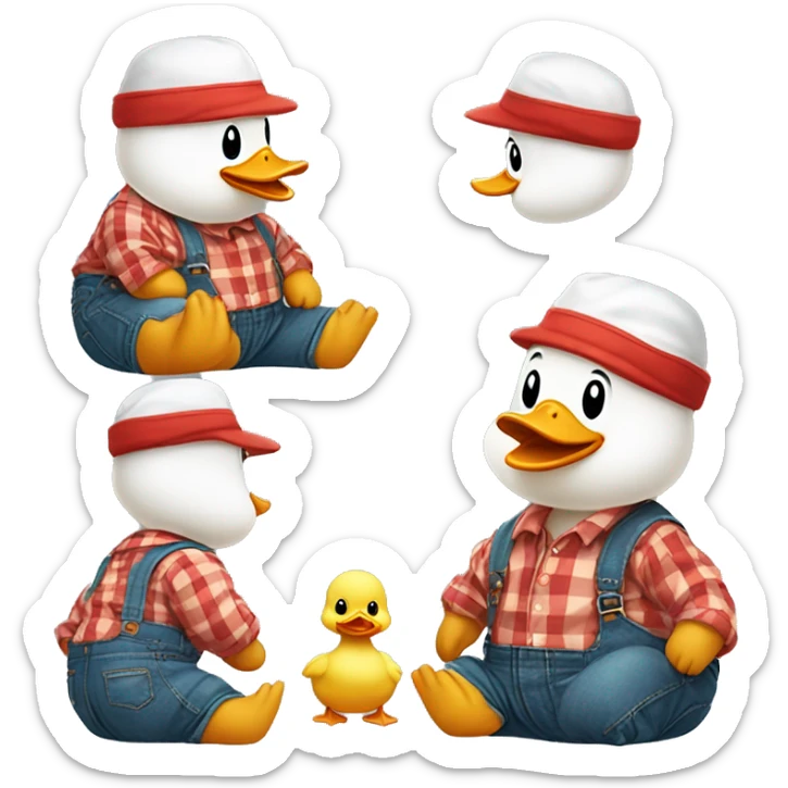 sitting cute fluffy chubby baby duck with hand, wear green hat and red checkered shirt and jeans jumpsuit sticker