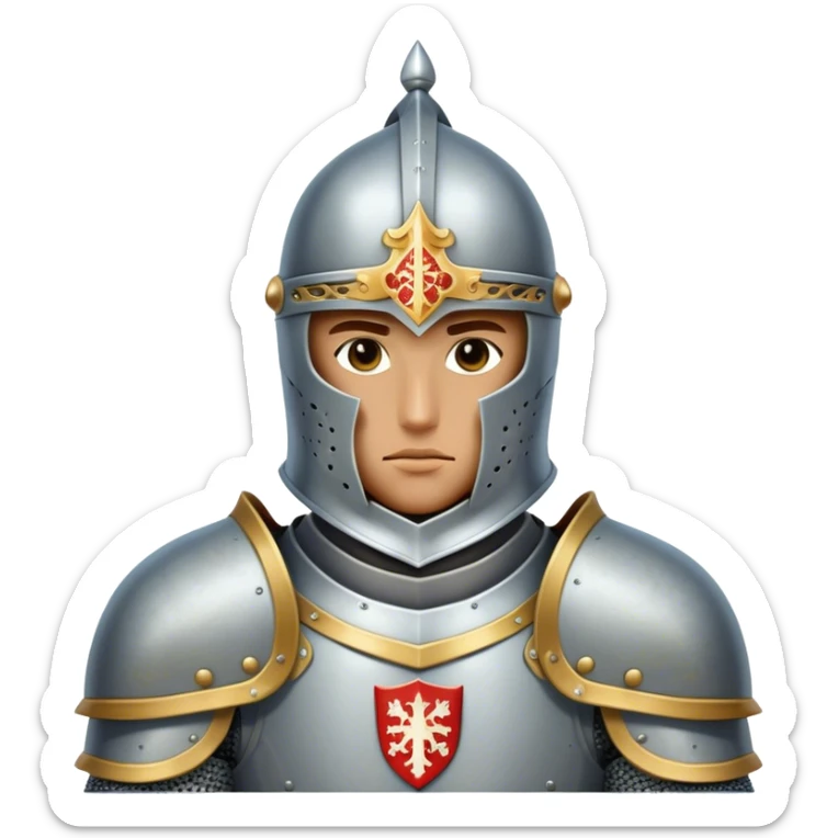 Clash of Clans aesthetic: Cinematic heroic Armored Knight Hero close up Emoji, rendered in a 3D vector-style similar to standard emojis with minimal shading and bold, simplified shapes. A compact, isometric warrior clad in gleaming plate armor with intricate heraldic details, softly glowing with a chivalrous medieval charm. Simplified yet unmistakably iconic, highly detailed and consistent, glowing with a soft radiant shine and high polish. Stylized with a touch of noble valor and a soft glowing outline, wearing a full face helm so that no face is visible with only eyes visible, capturing the essence of a gallant knight ready for honorable battle with a friendly, playful manner! sticker