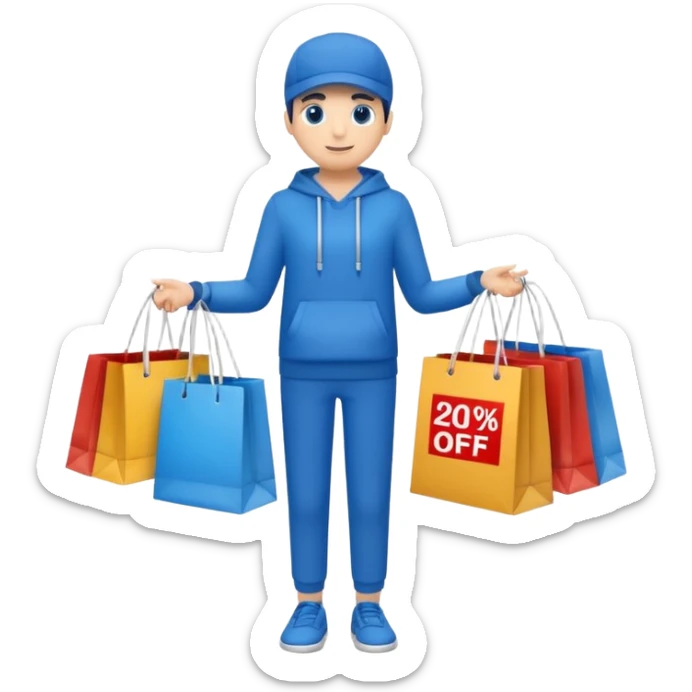 Person who is waiting the sale promotion with 20% off sign, wearing blue outfit and hanging some shopping bags sticker
